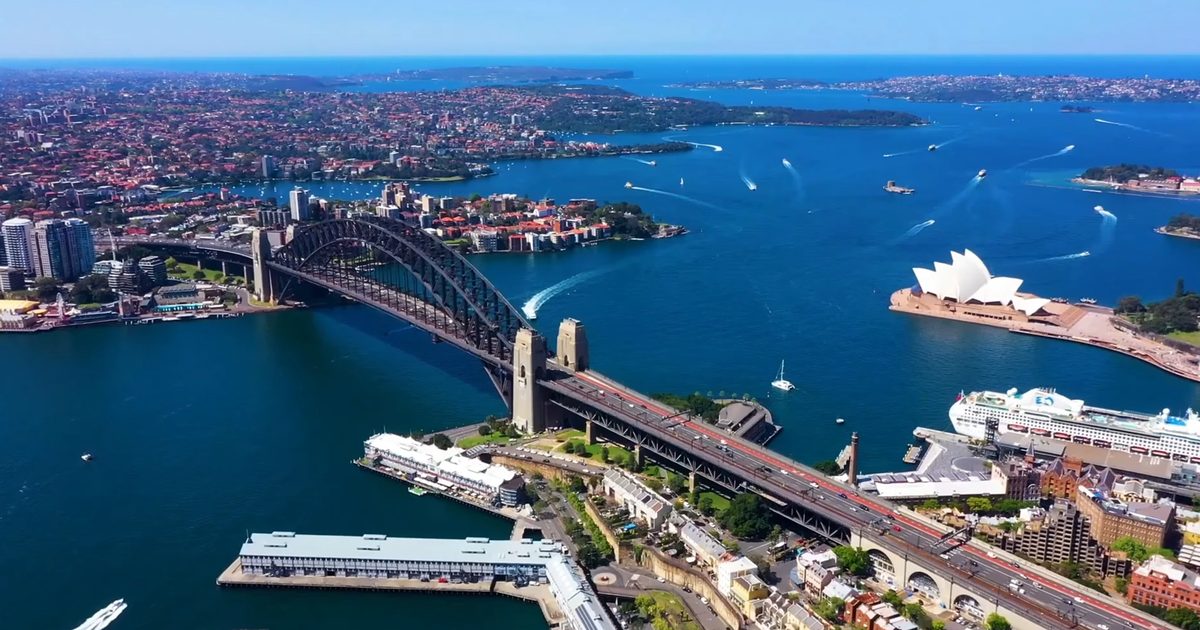 Aerial view of Sydney Harbour with the Harbour Bridge, Sydney Opera House and public ferries